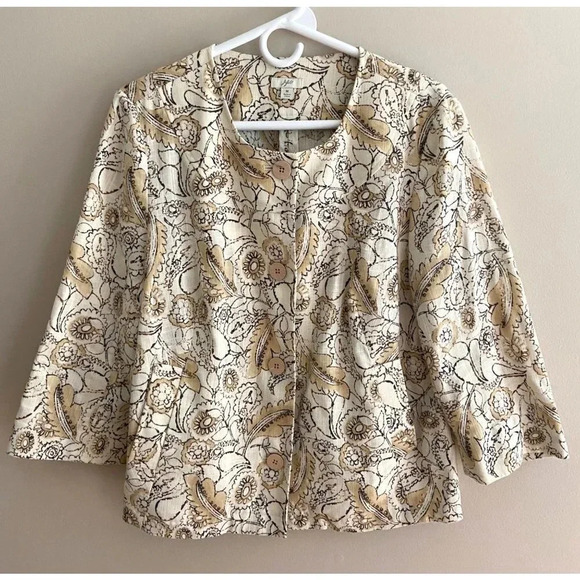 J. Jill Beige Floral + Paisley Print Linen Blend Collarless Blazer Jacket Medium - Picture 2 of 12